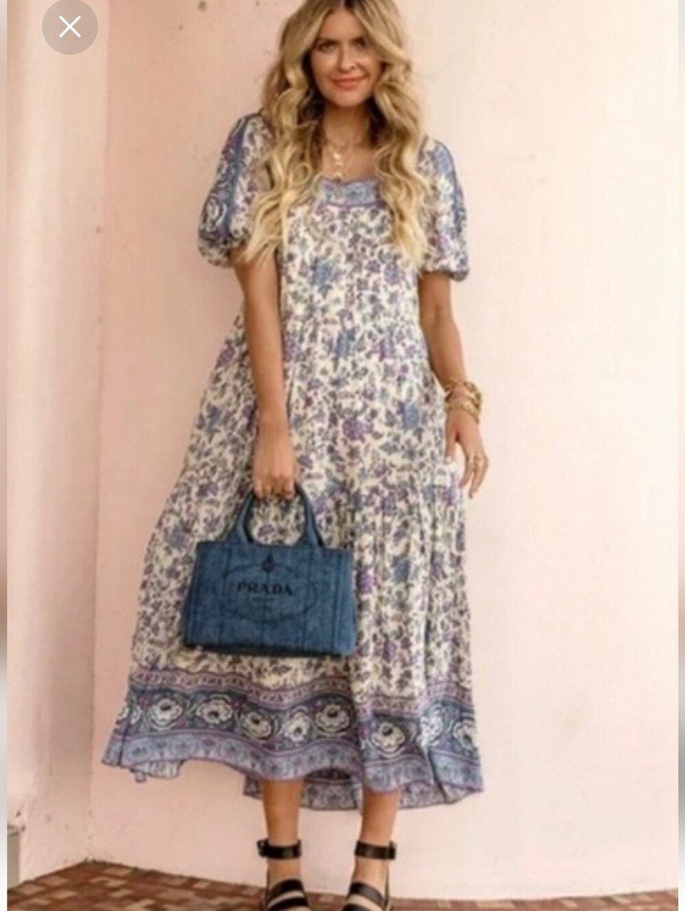 Spell Folk Song Maxi Dress in Blue and Cream Size Small Cotton& Lenzing Viscose